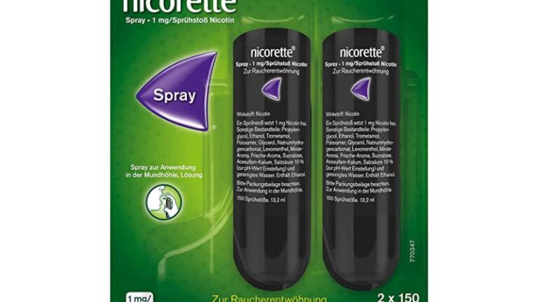 Verpackung mit zwei Nicorette-Sprays zur Rauchentwöhnung, je 1 mg Nicotin pro Sprühstoß, in schwarzer Flasche.