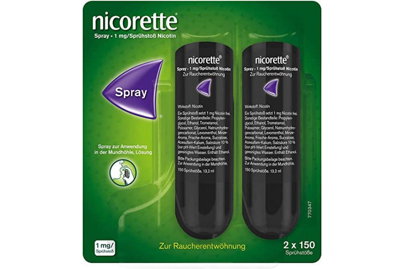 Nicorette_Spray.jpg Verpackung mit zwei Nicorette-Sprays zur Rauchentwöhnung, je 1 mg Nicotin pro Sprühstoß, in schwarzer Flasche.