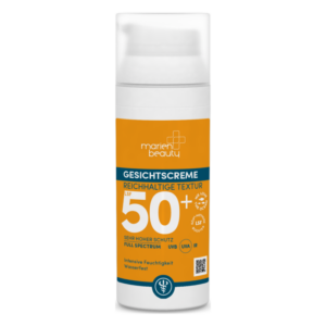 Gesichtspflegecreme mit reichhaltiger Textur und hohem Lichtschutzfaktor 50+, wasserfest und feuchtigkeitsspendend.