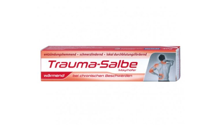 Tube mit Trauma-Salbe für schmerzlindernde und entzündungshemmende Anwendung bei chronischen Beschwerden.