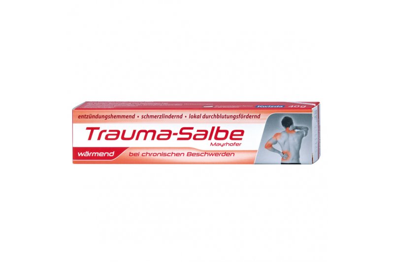 Tube mit Trauma-Salbe für schmerzlindernde und entzündungshemmende Anwendung bei chronischen Beschwerden.