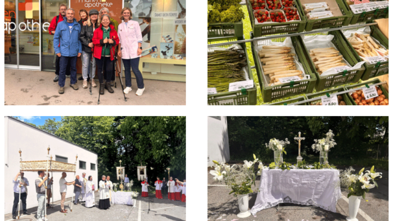 Gruppe von sechs Personen vor einer Apotheke, Gemüsekörbe in einem Geschäft und eine festliche Feier im Freien mit Blumen und Altären.