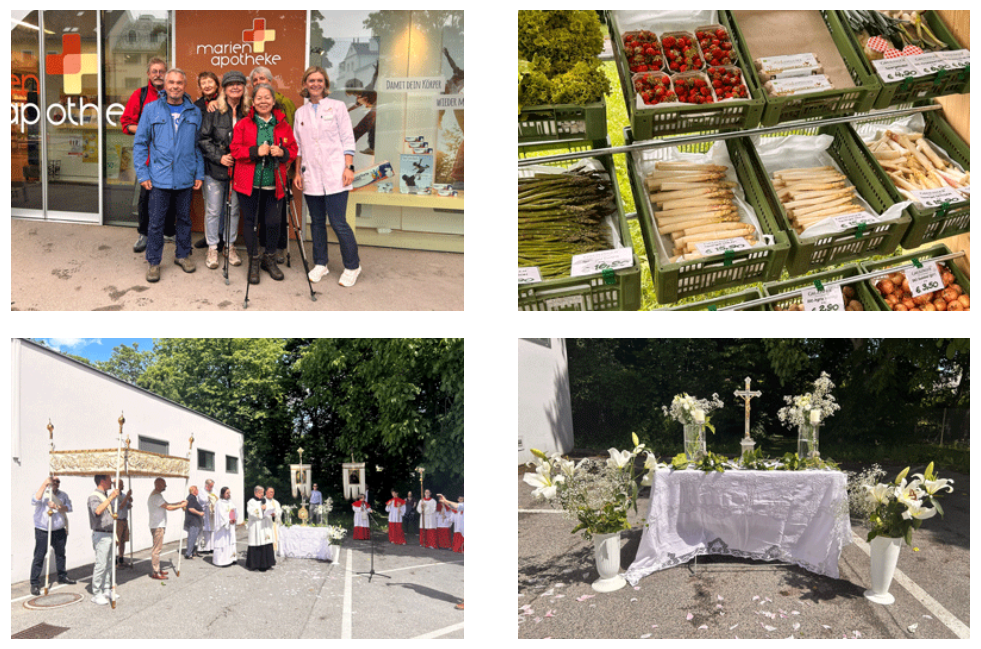 Graetzel_News.png Gruppe von sechs Personen vor einer Apotheke, Gemüsekörbe in einem Geschäft und eine festliche Feier im Freien mit Blumen und Altären.