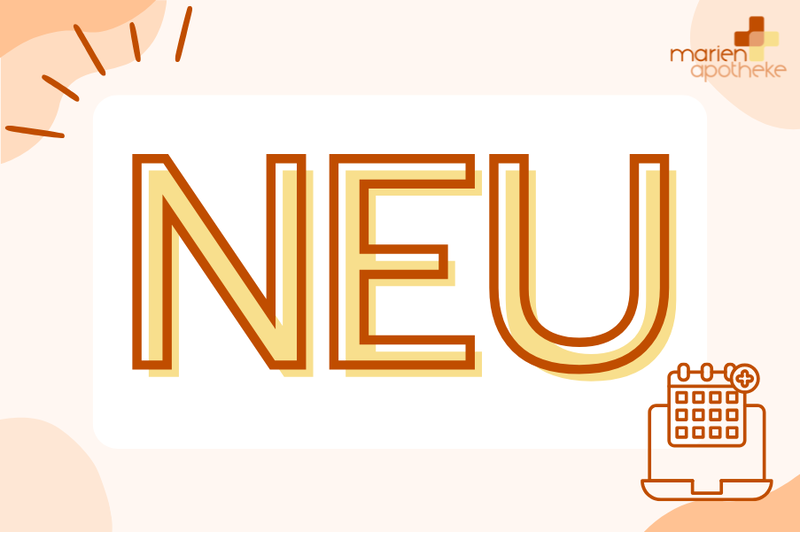 E-Termin.png Die Aufschrift "NEU" in großen, stilvollen Buchstaben, umgeben von bunten grafischen Elementen und einem Icon für einen Terminplaner.