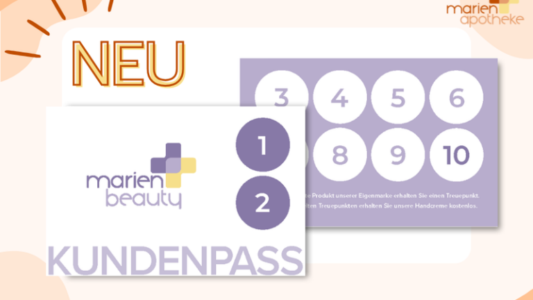 Ein Kundenpass von marienbeauty mit den Aufschriften 'KUNDENPASS' und Zahlen für Treuepunkte, farbige Gestaltung.