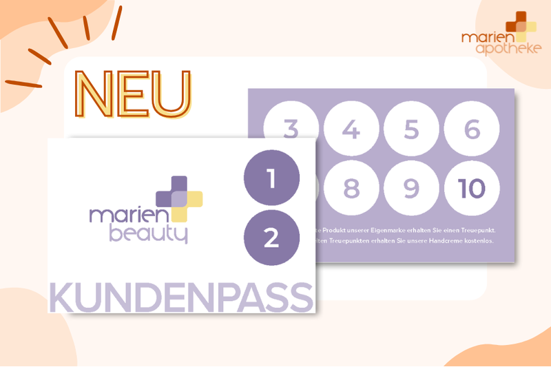 Treuepass_marienbeauty.png Ein Kundenpass von marienbeauty mit den Aufschriften 'KUNDENPASS' und Zahlen für Treuepunkte, farbige Gestaltung.