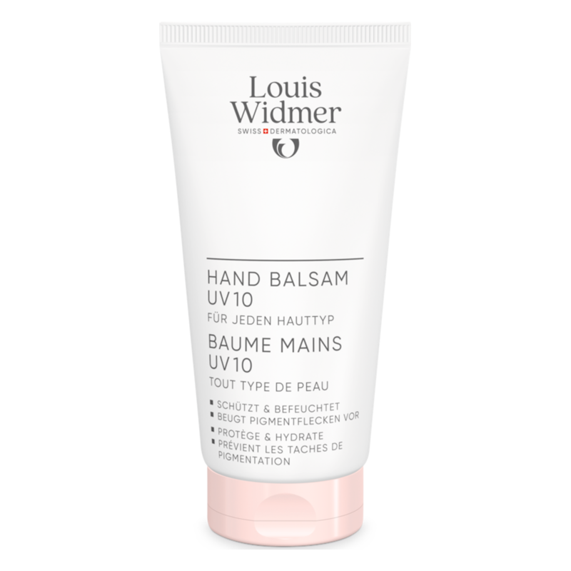 Handbalsam UV10 von Louis Widmer in einer weißen Tube mit rosa Verschluss, geeignet für jeden Hauttyp.