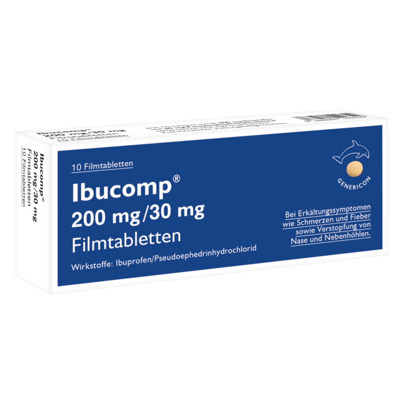 Packung Ibuprofen/Pseudoephedrin Filmtabletten mit 200 mg/30 mg, zur Linderung von Erkältungssymptomen.