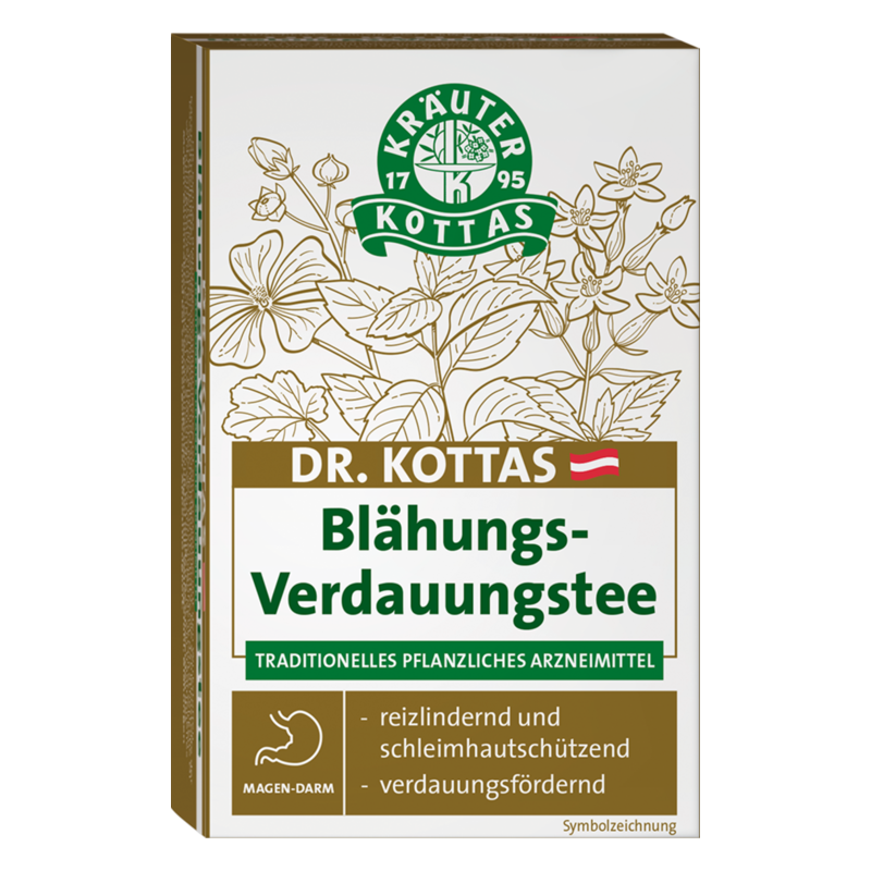 Verpackung von Dr. Kottas Blähungs-Verdauungstee mit Pflanzenmotiven und Informationen zur Anwendung.