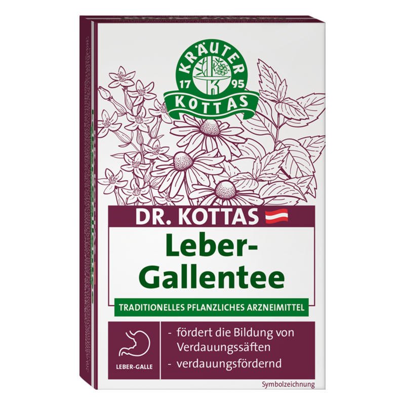 Verpackung von Dr. Kottas Leber-Gallentee mit Kräutermotiven und Hinweisen zu seiner Wirkung.