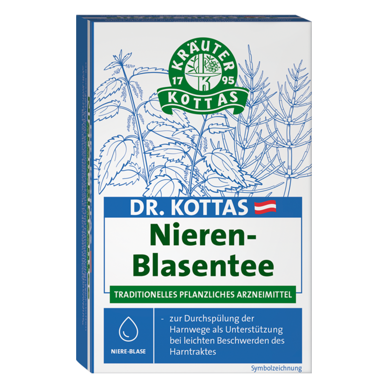 Verpackung von Dr. Kottas Nieren-Blasentee, ein traditionelles pflanzliches Arzneimittel zur Unterstützung der Harnwege.