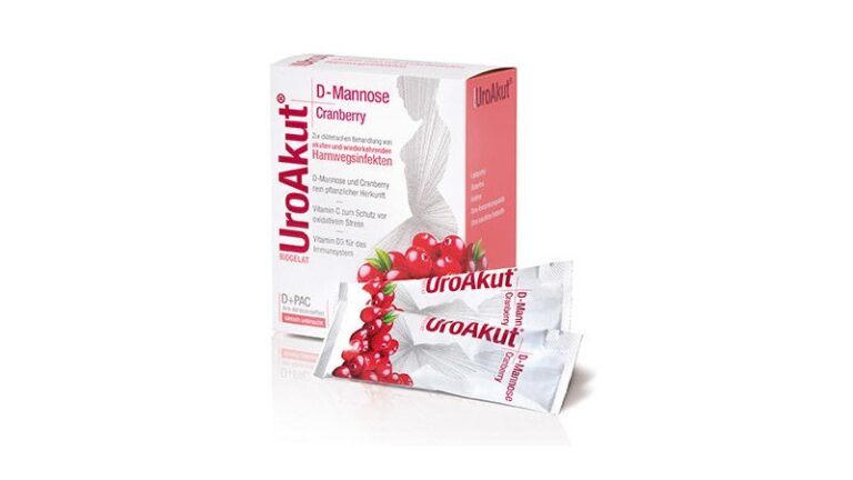 Verpackung von UroAkut mit D-Mannose und Cranberry für die Behandlung von Harnwegsinfekten, zwei stickstoffförmige Beutel sichtbar.