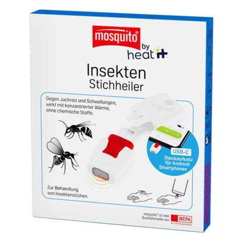 Verpackung eines Insektenstichheilers mit USB-C-Anschluss, abgebildet sind Insekten und Anwendungshinweise.