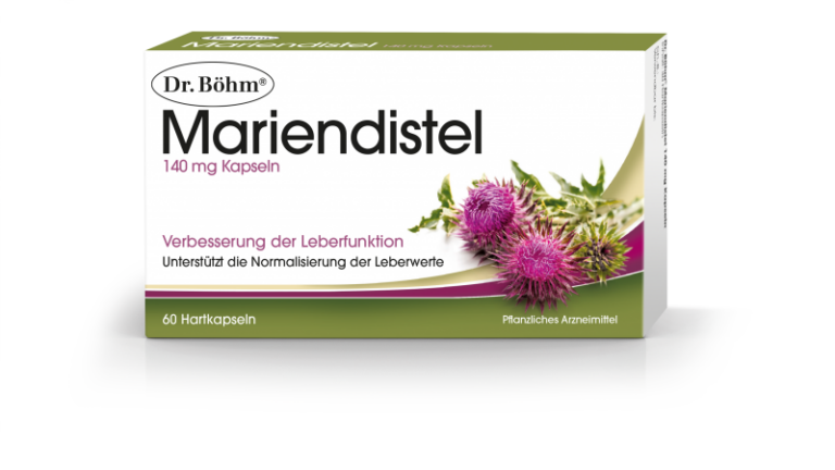 Packung mit Mariendistel-Kapseln zur Verbesserung der Leberfunktion, ausgestattet mit Pflanzlichem Arzneimittelhinweis.