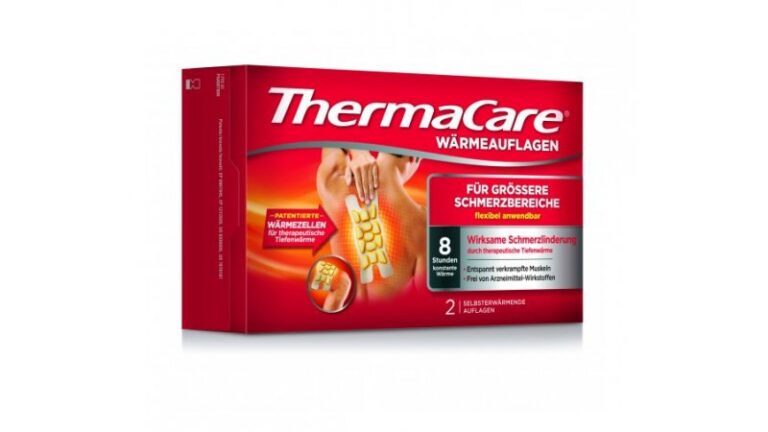 ThermaCare Wärmepackungen in roter Verpackung, geeignet zur Linderung von Schmerzen durch konstante Wärme.