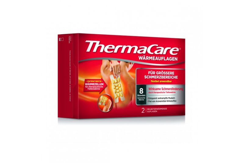 ThermaCare-Flexible-Anwendung-Gross-2-Stk.jpg ThermaCare Wärmepackungen in roter Verpackung, geeignet zur Linderung von Schmerzen durch konstante Wärme.