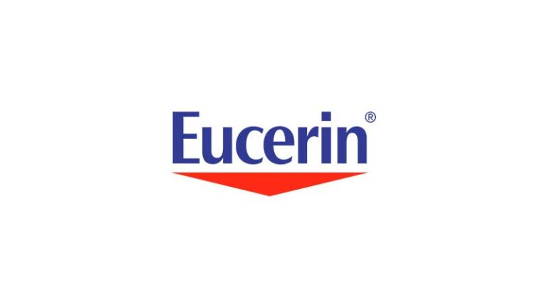 Logo von Eucerin in Blau und Rot mit einem markanten Winkel unter dem Schriftzug.