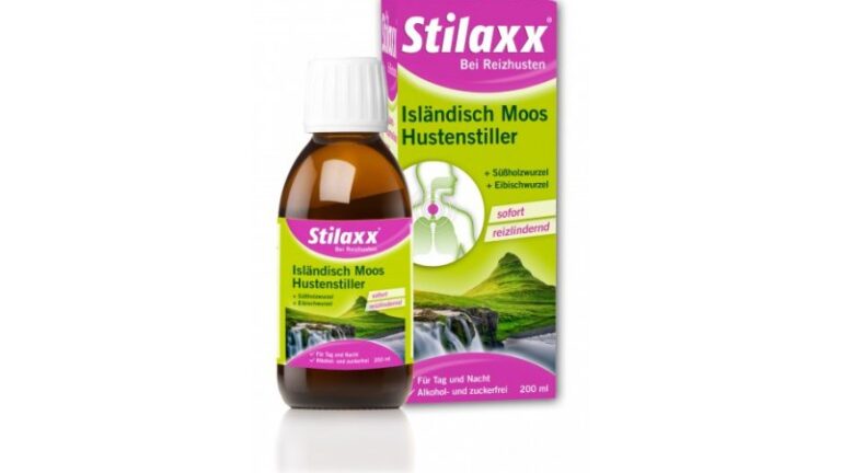 Braune Flasche mit einem Hustenstillmittel und Verpackung, die die Hauptbestandteile und Anwendung anzeigt.
