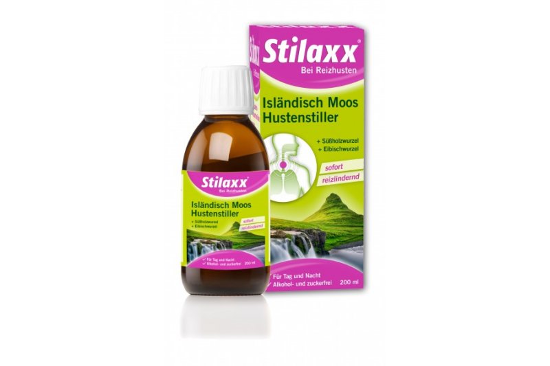 Stilaxx_Hustenstiller_Erwachsene.jpg Braune Flasche mit einem Hustenstillmittel und Verpackung, die die Hauptbestandteile und Anwendung anzeigt.