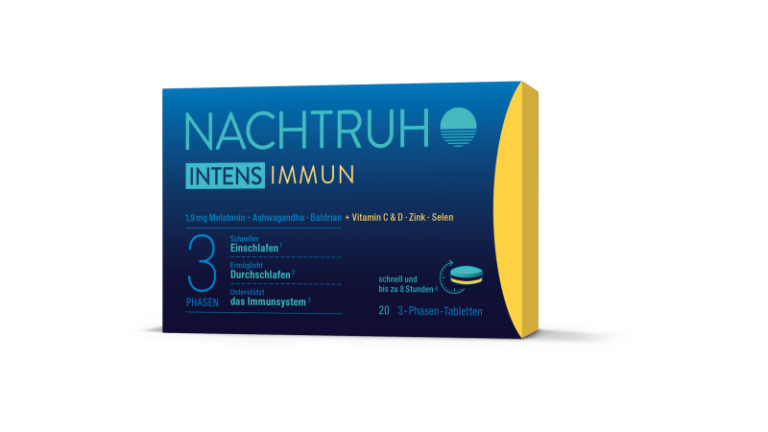 Verpackung von NachtRuhe Intens Immun, enthält Melatonin, Ashwagandha, Baldrian, Vitamine und Mineralstoffe, 20 Tabletten.