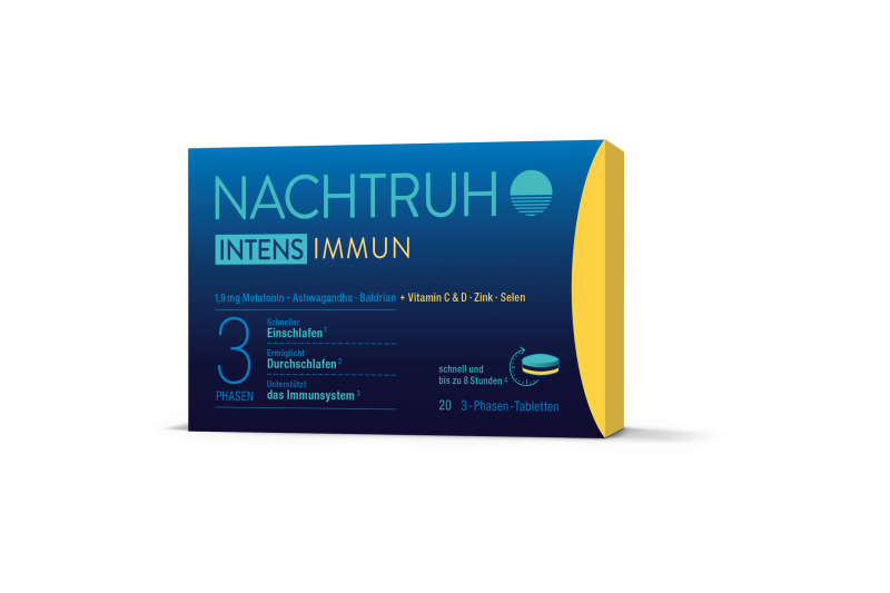 Nachtruh_intens_immun.png Verpackung von NachtRuhe Intens Immun, enthält Melatonin, Ashwagandha, Baldrian, Vitamine und Mineralstoffe, 20 Tabletten.