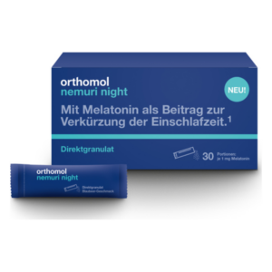 Schachtel mit orthomol nemuri night, einem Direktgranulat mit Melatonin zur Unterstützung der Schlafqualität.