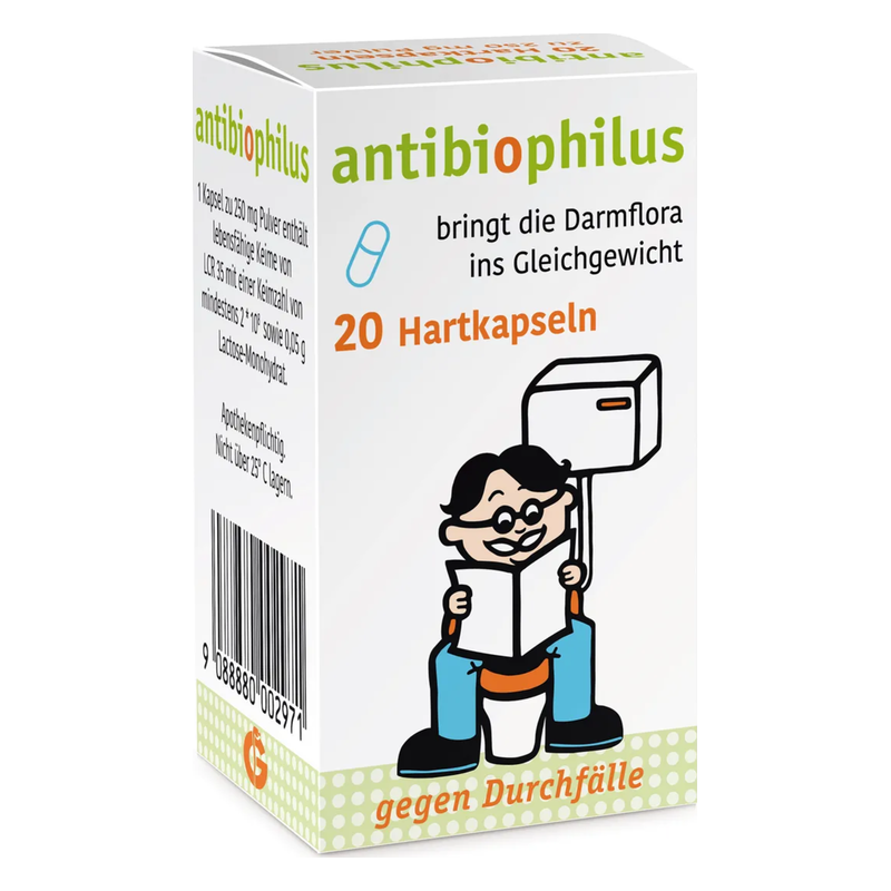 Verpackung von AntibioPhilus, einem Produkt zur Unterstützung der Darmflora mit 20 Hartkapseln, humorvolles Design.