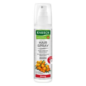 Haarlack in flacher, silberner Sprühflasche mit grünem Etikett, betont starken Halt und Glanz, silikonfrei.