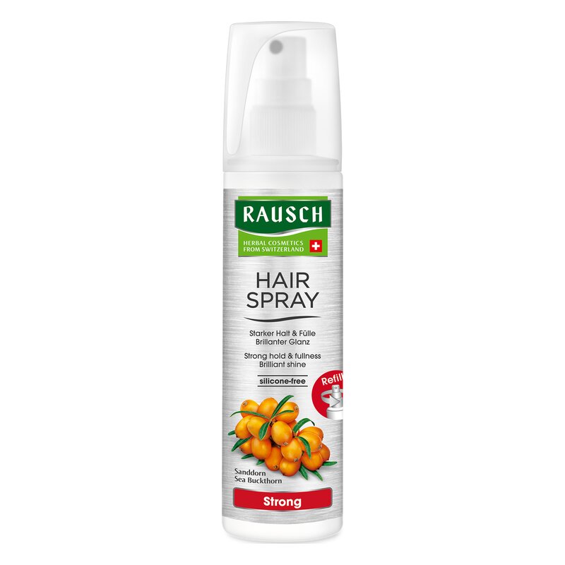 Haarlack in flacher, silberner Sprühflasche mit grünem Etikett, betont starken Halt und Glanz, silikonfrei.