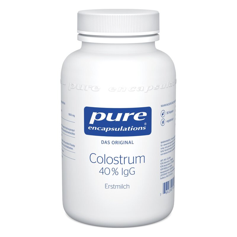 Weißer Behälter mit Schraubverschluss, etikettiert mit "pure encapsulations Colostrum 40% IgG", enthält Nahrungsergänzungsmittel.