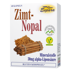 Verpackung von Zimt-Nopal Kapseln mit Zimtstangen und Pulver, vegan, mineralstoffreich, Blut zuckerregulierend.