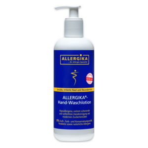 Flasche mit Allergika Hand-Waschlotion für empfindliche, irritierte Haut, Hypoallergen und seifenfrei.