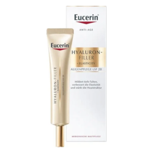 Eucerin Hyaluron-Filler Augenpflege mit Lichtschutzfaktor 20 in einer goldenen Tube und Kartonverpackung.