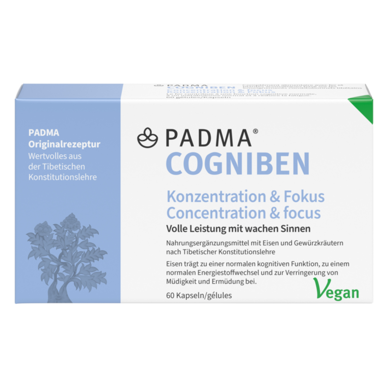 Verpackung von PADMA COGNIBEN, einem Nahrungsergänzungsmittel zur Unterstützung von Konzentration und Fokus, mit 60 Kapseln.