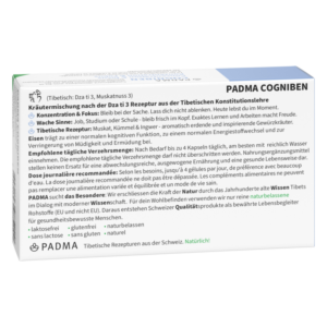 Verpackung von PADMA COGNIBEN mit Informationen zu Inhaltsstoffen, Anwendung und tibetischer Rezeptur.