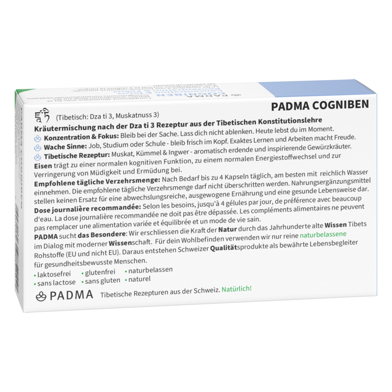 Verpackung von PADMA COGNIBEN mit Informationen zu Inhaltsstoffen, Anwendung und tibetischer Rezeptur.