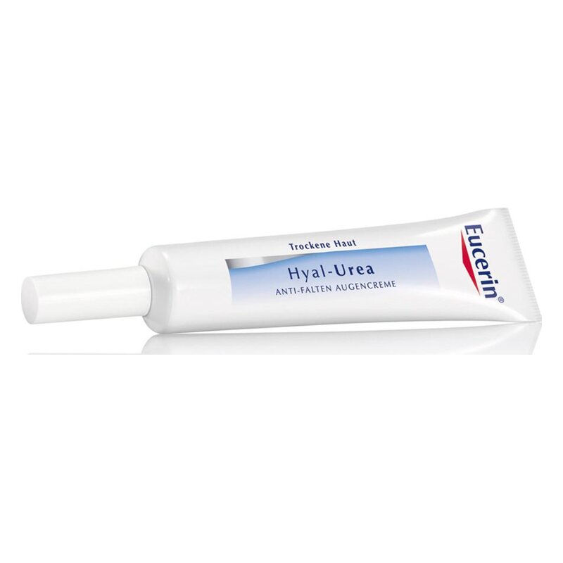Hyal-Urea Anti-Falten Augencreme in einer weißen Tube mit einem weißen Deckel und dem Hinweis "Trockene Haut"
