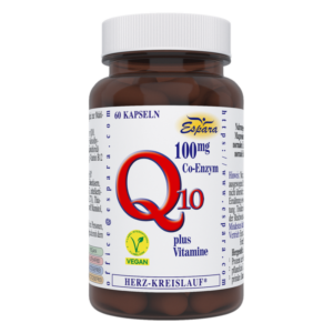 Braune Flasche mit 60 veganen Kapseln, enthält 100 mg Coenzym Q10 und Vitamine für die Herz-Kreislauf-Gesundheit.