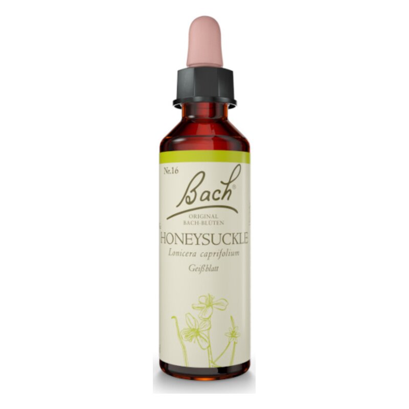 Braune Glasflasche mit Pipette, etikettiert mit "Bach Honeysuckle" und botanischem Namen."