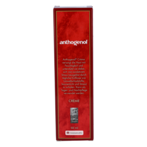Rote Verpackung der Anthogenol® Crème mit Informationen zur Feuchtigkeitspflege und täglichen Anwendung.