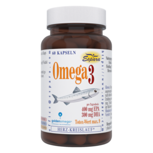 Braune Flasche mit Omega-3-Kapseln von Espara, beschriftet mit Fischen und Dosierungshinweisen.