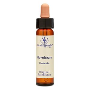 Braune Glasflasche mit Pipette, etikettiert mit "Hornbeam" und "Original Bachblüten" von Healingherbs.