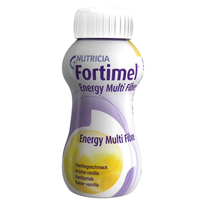Flasche mit Fortimel Energy Multi Fibre in Vanillegeschmack, schlanke, geschwungene Form mit weißen und lilafarbenen Akzenten.
