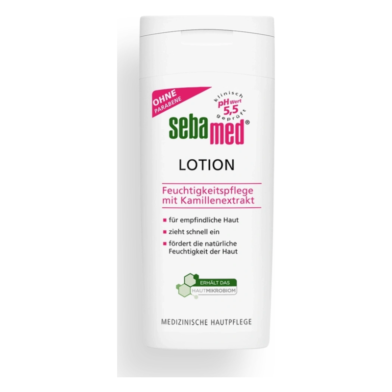 Flasche mit Sebamed Lotion zur Feuchtigkeitspflege, enthält Kamillenextrakt, für empfindliche Haut, zieht schnell ein.