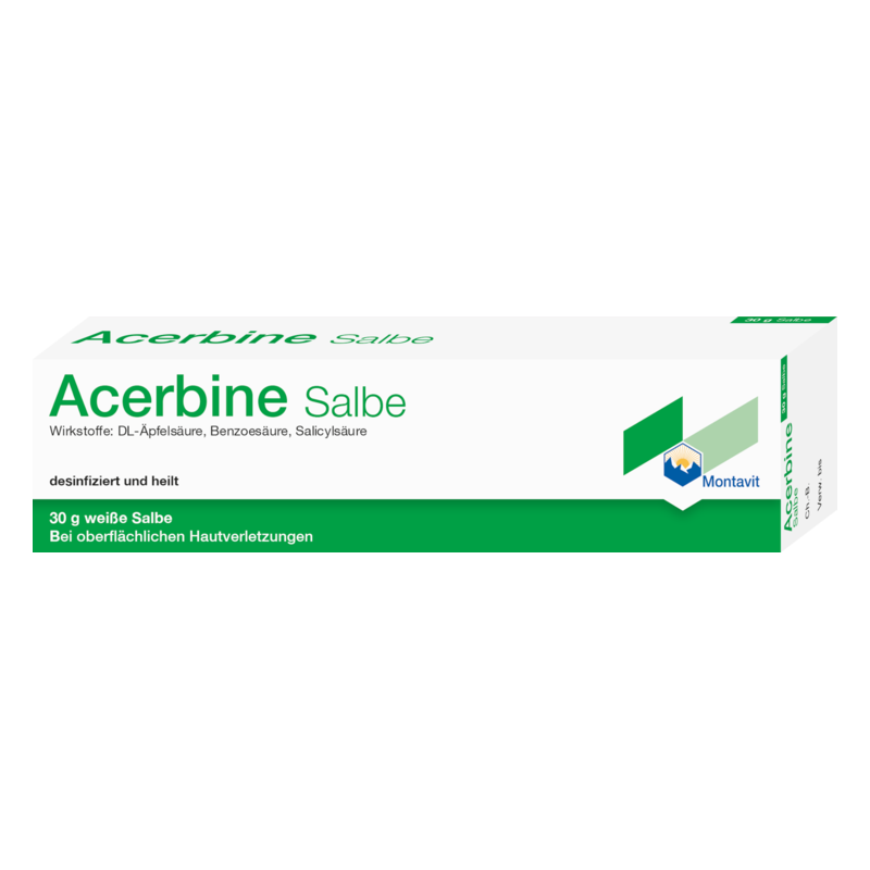 Verpackung der Acerbine Salbe, 30 g weiße Salbe zur Desinfektion und Heilung bei oberflächlichen Hautverletzungen.