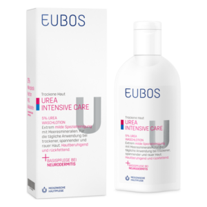 Flasche mit 5% Urea-Waschlotion für trockene Haut, in einer hellen Verpackung, die die Anwendung bei Neurodermitis empfiehlt.