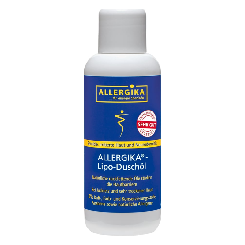 Flasche mit Lipo-Duschöl von Allergika für sensible Haut, mit blauer Etikettierung und dem Hinweis 'sehr gut getestet'.