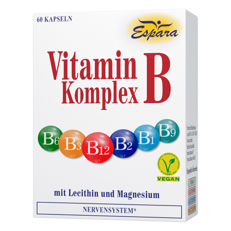 Packung mit 60 Kapseln Vitamin B Komplex, enthält Auflistung der Vitamine B1 bis B12 in bunten Kugeln, vegan.