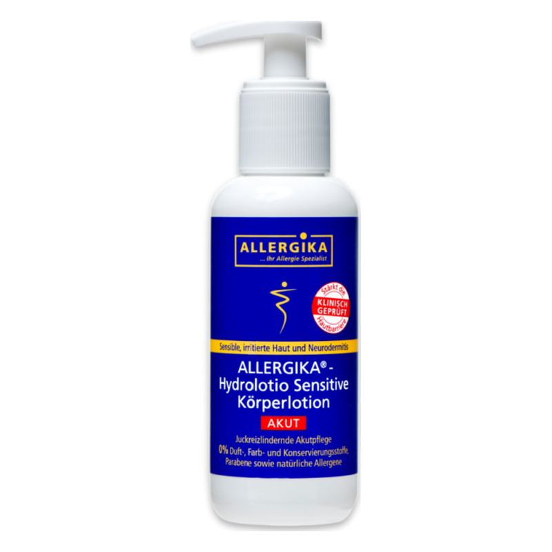Flasche mit Allergika Hydroloto Sensitive Körperlotion, pumpverschluss, für empfindliche und gereizte Haut.