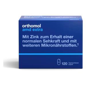 Verpackung von Orthomol AMD extra, blau mit weißem Text über Zink und Mikronährstoffe, Kapseln.
